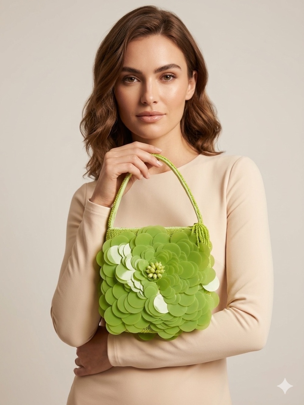 Lime Green 3D Floral Sequin Mini Handbag Handmade Beaded Y2K Fairycore
